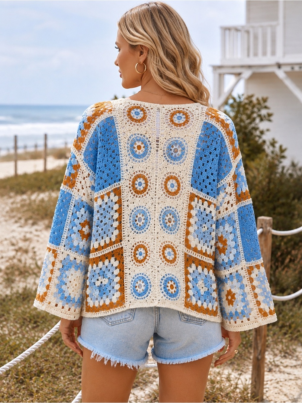 POL Granny Square Crochet Cardigan Sweater Boho Patchwork OS, NIB - Picture 2 of 13